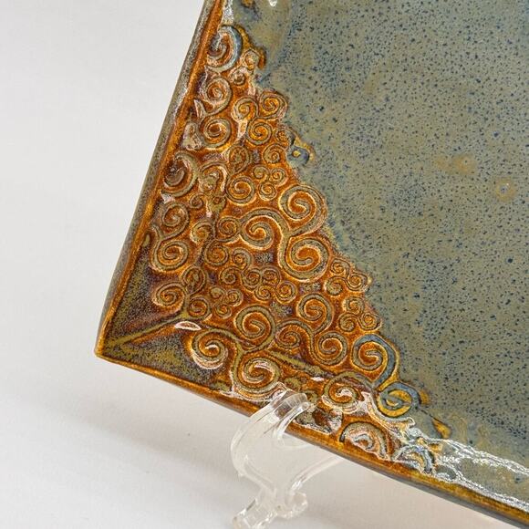 Handmade Signed Art Pottery Square Plate Dish Blue Brown 7.5" Rico - Picture 3 of 6